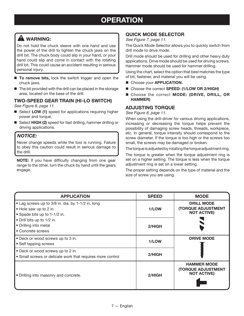 Operation | Ryobi P214 User Manual | Page 7 / 28