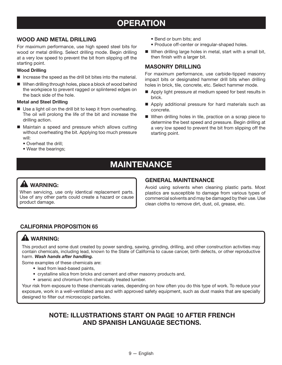 Maintenance, Operation | Ryobi P214 User Manual | Page 9 / 28