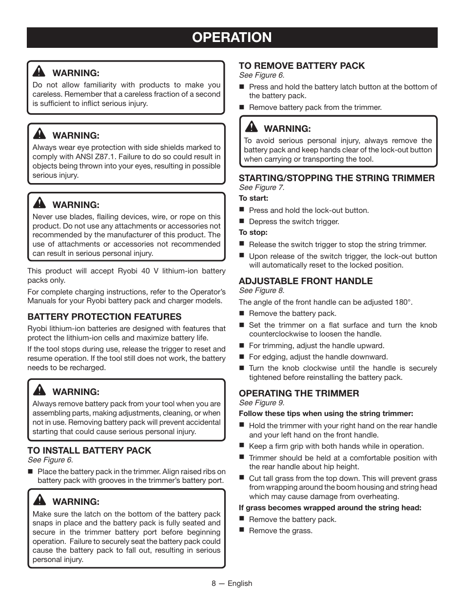 Operation | Ryobi RY40020 User Manual | Page 10 / 38