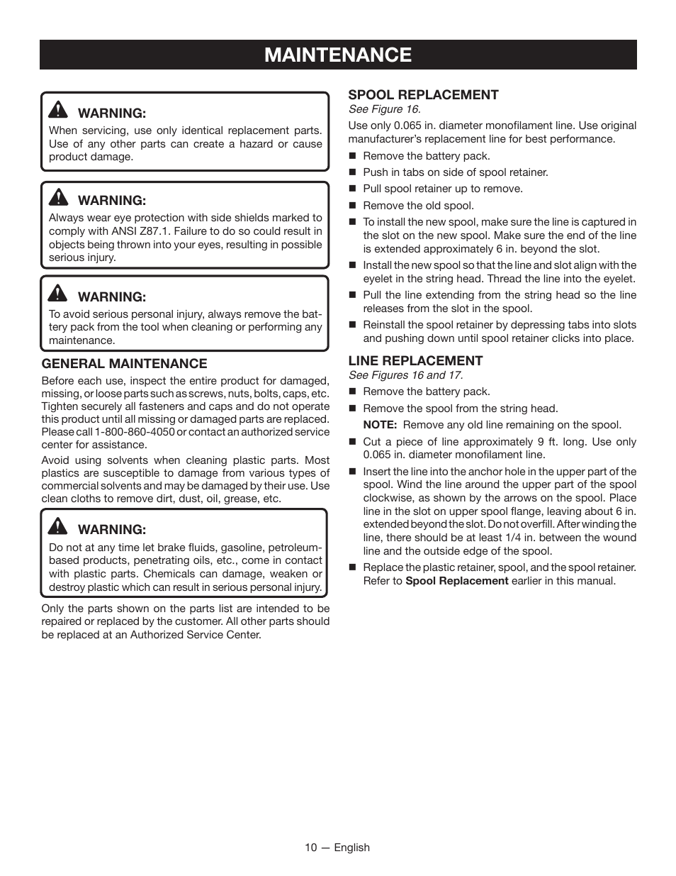 Maintenance | Ryobi RY40020 User Manual | Page 12 / 38