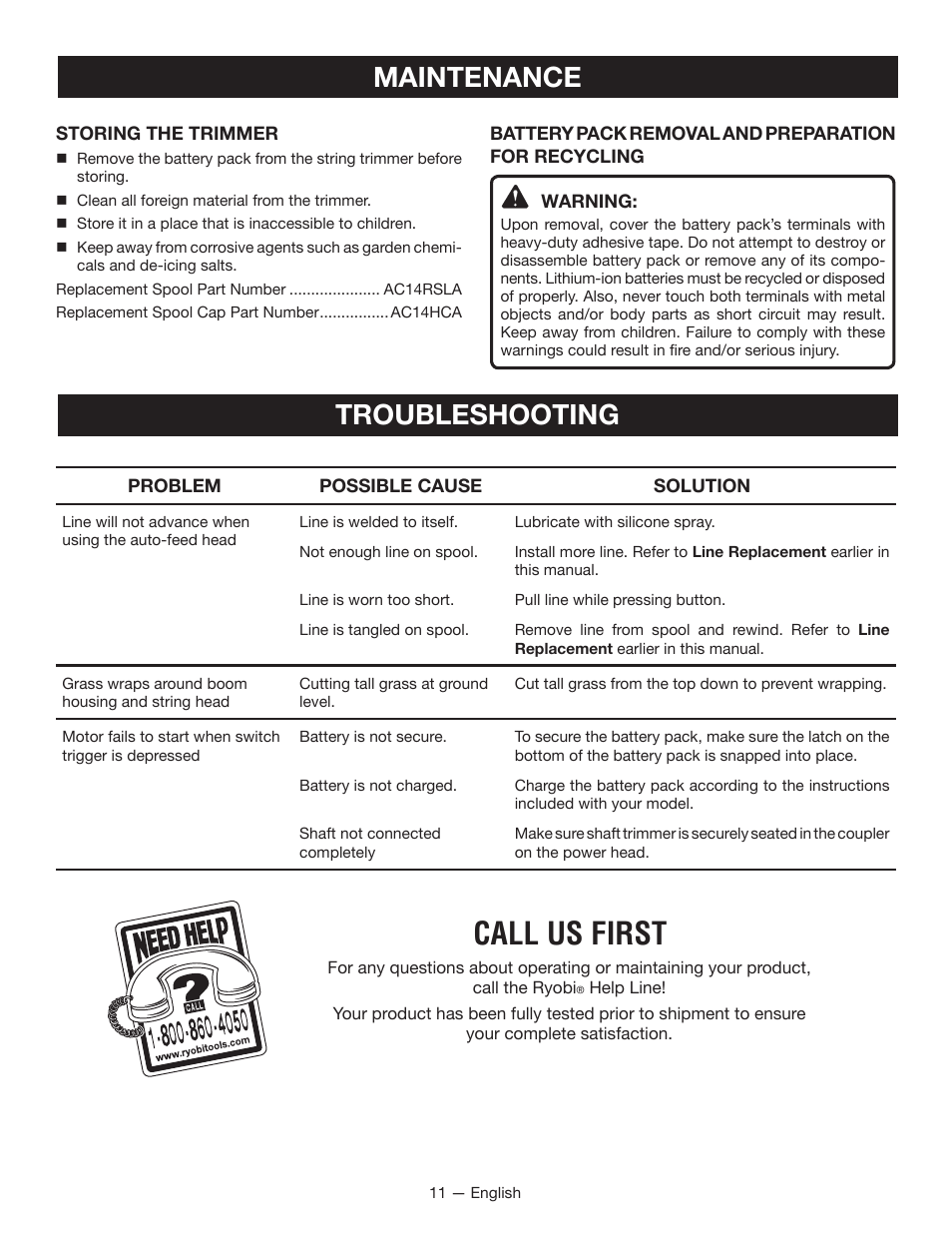 Call us first, Maintenance troubleshooting | Ryobi RY40020 User Manual | Page 13 / 38