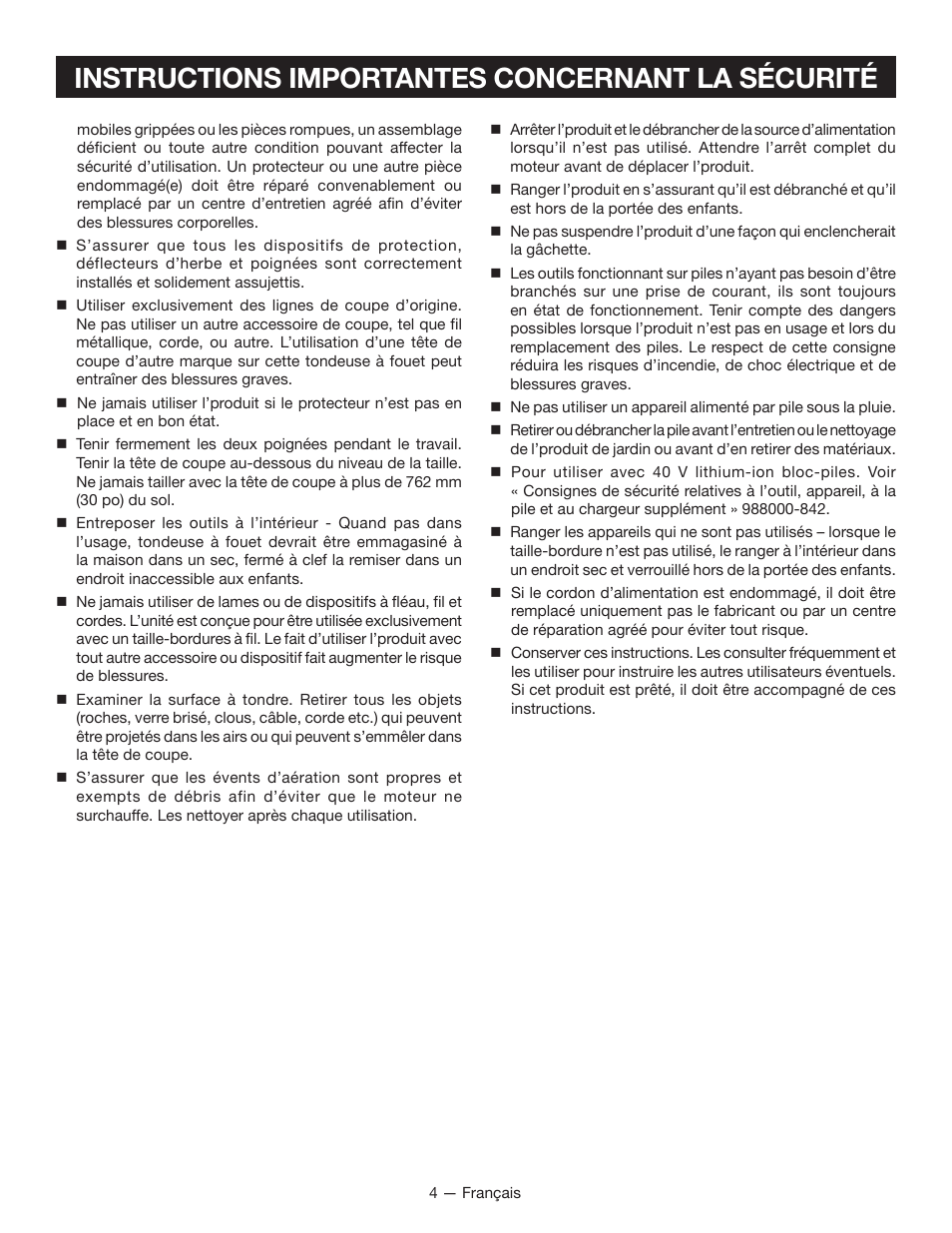 Instructions importantes concernant la sécurité | Ryobi RY40020 User Manual | Page 18 / 38