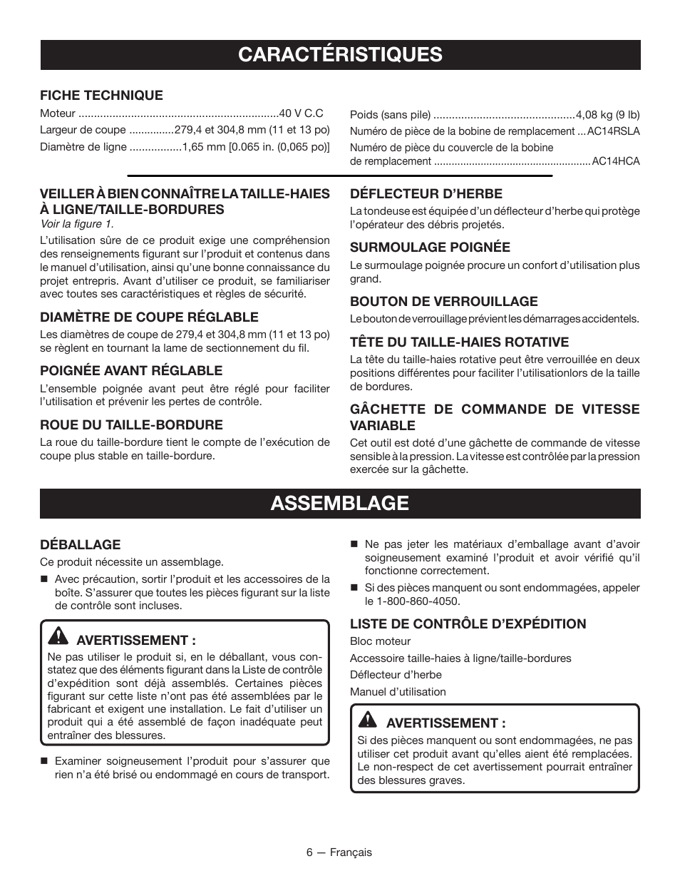 Assemblage, Caractéristiques | Ryobi RY40020 User Manual | Page 20 / 38