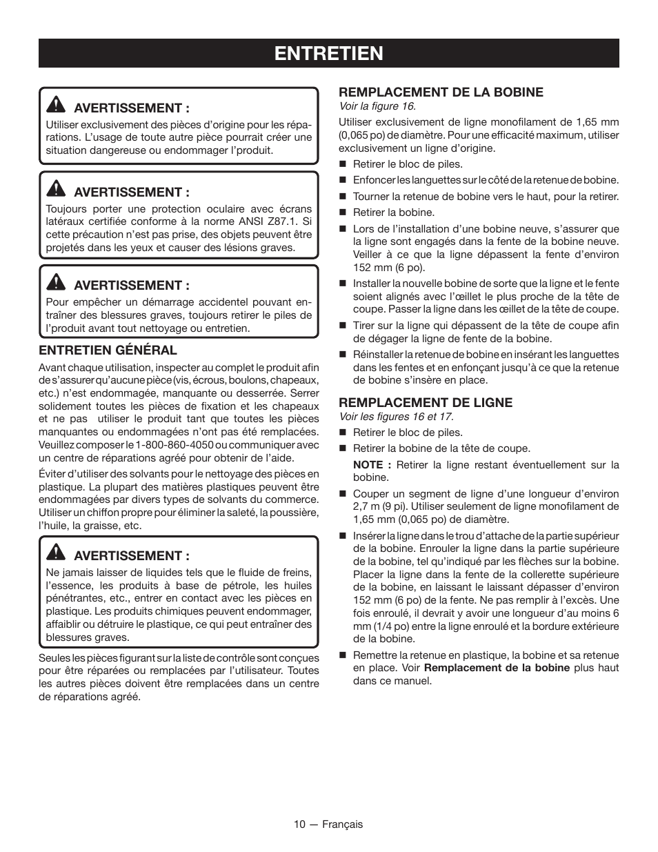 Entretien | Ryobi RY40020 User Manual | Page 24 / 38