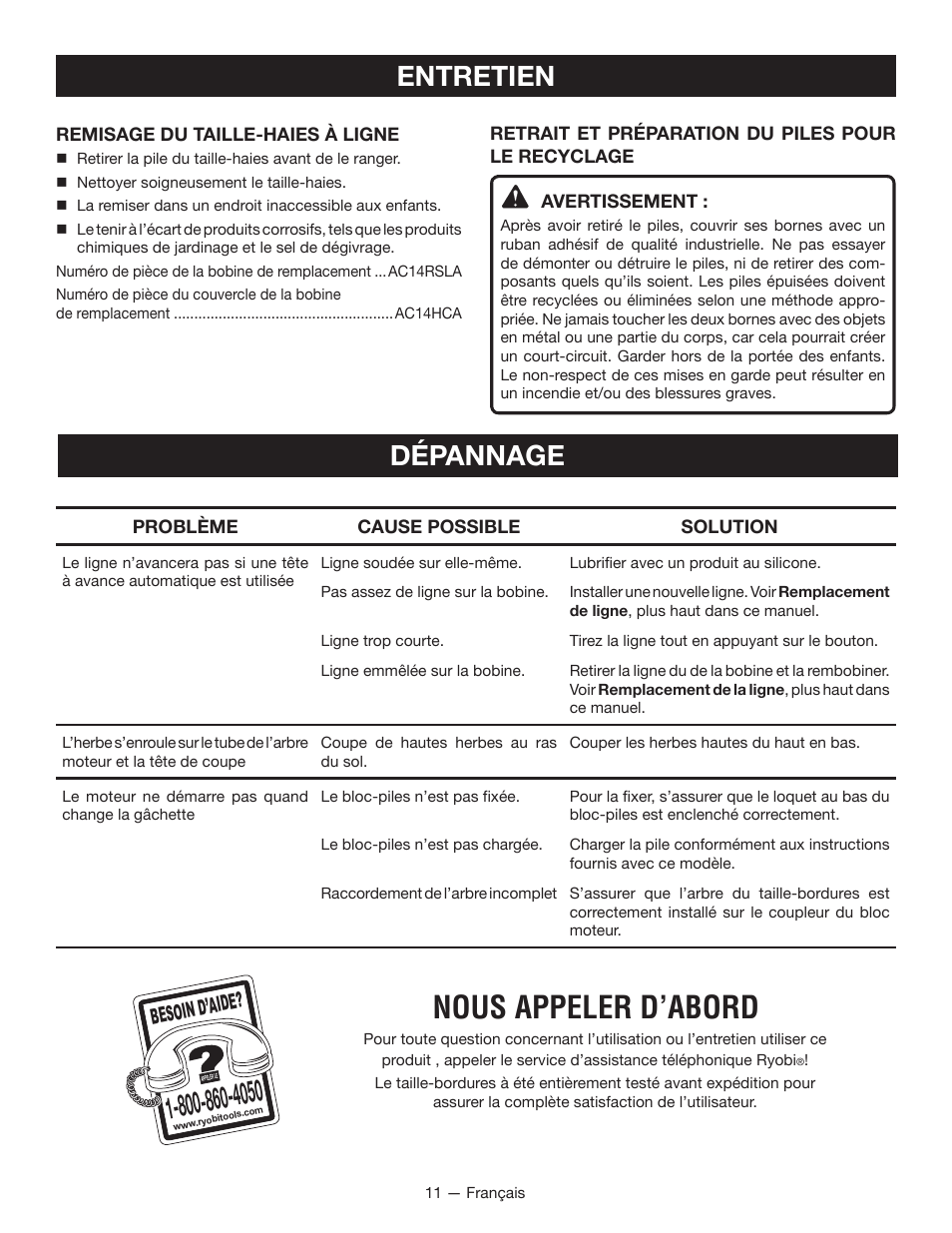 Nous appeler d’abord, Entretien, Dépannage | Besoin d’aid e | Ryobi RY40020 User Manual | Page 25 / 38