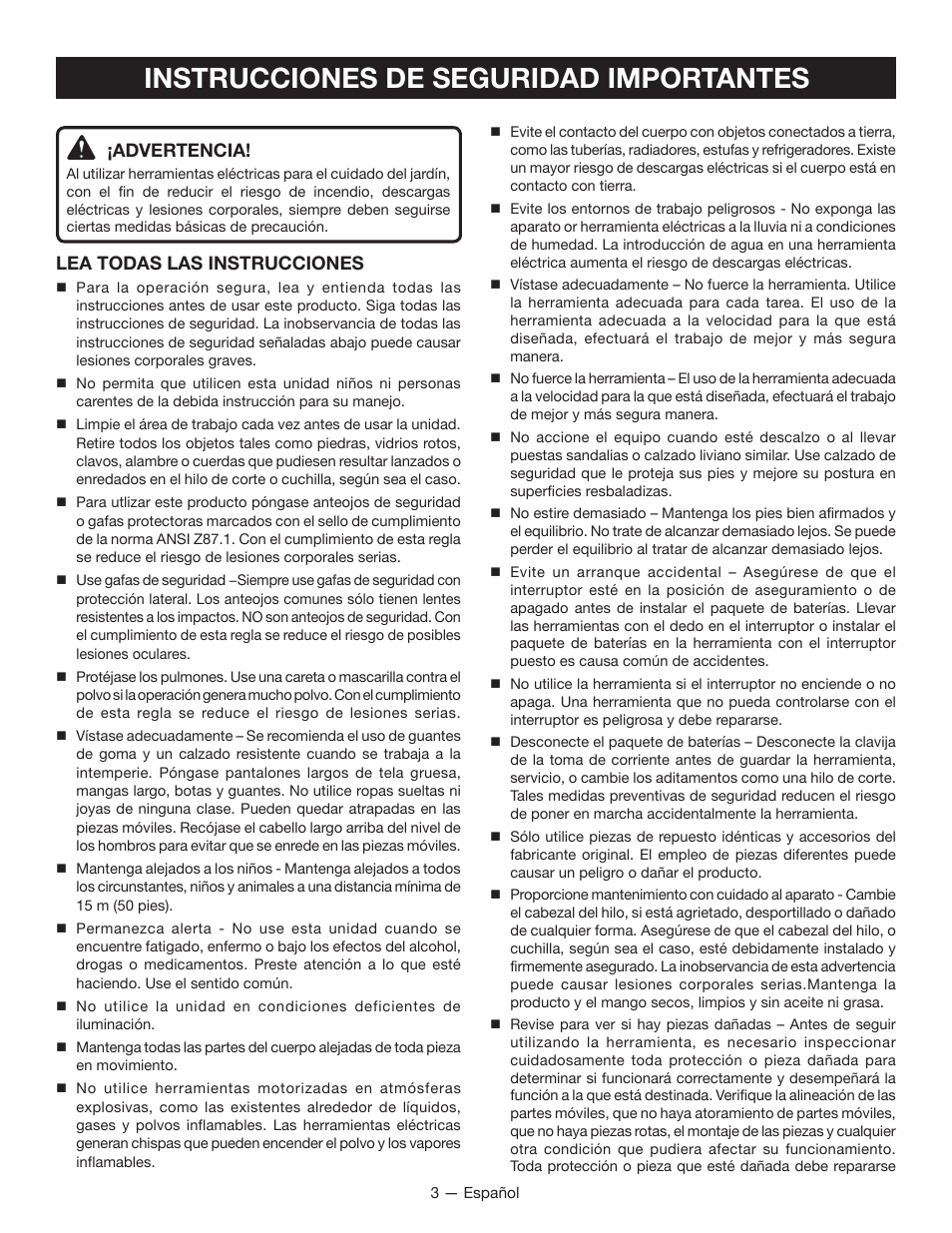 Instrucciones de seguridad importantes, Advertencia, Lea todas las instrucciones | Ryobi RY40020 User Manual | Page 27 / 38