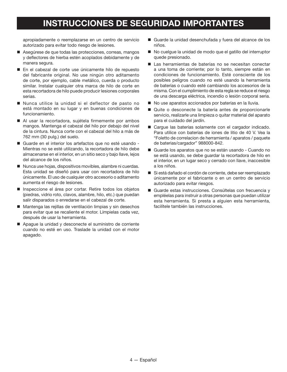 Instrucciones de seguridad importantes | Ryobi RY40020 User Manual | Page 28 / 38