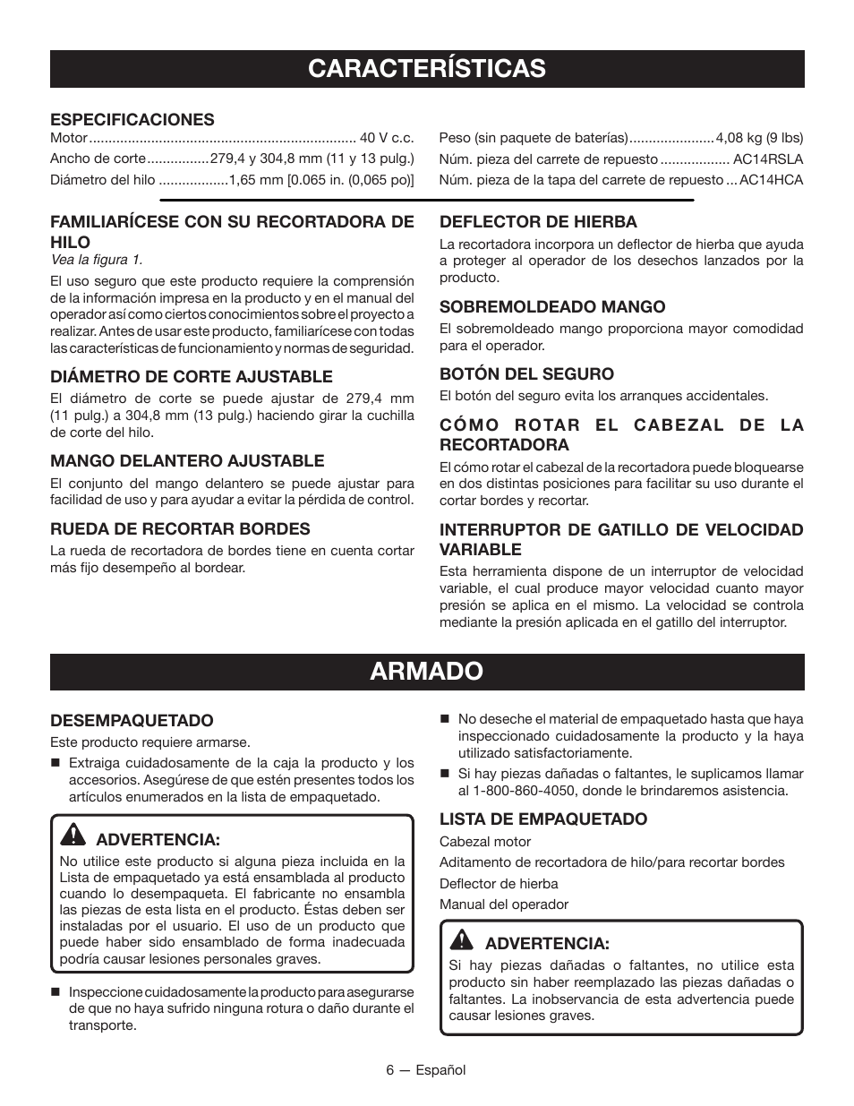 Características, Armado | Ryobi RY40020 User Manual | Page 30 / 38