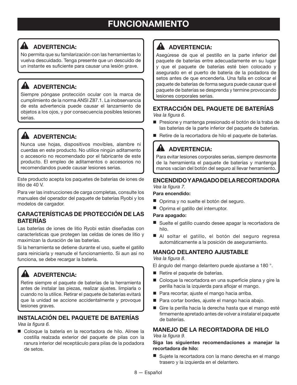 Funcionamiento | Ryobi RY40020 User Manual | Page 32 / 38
