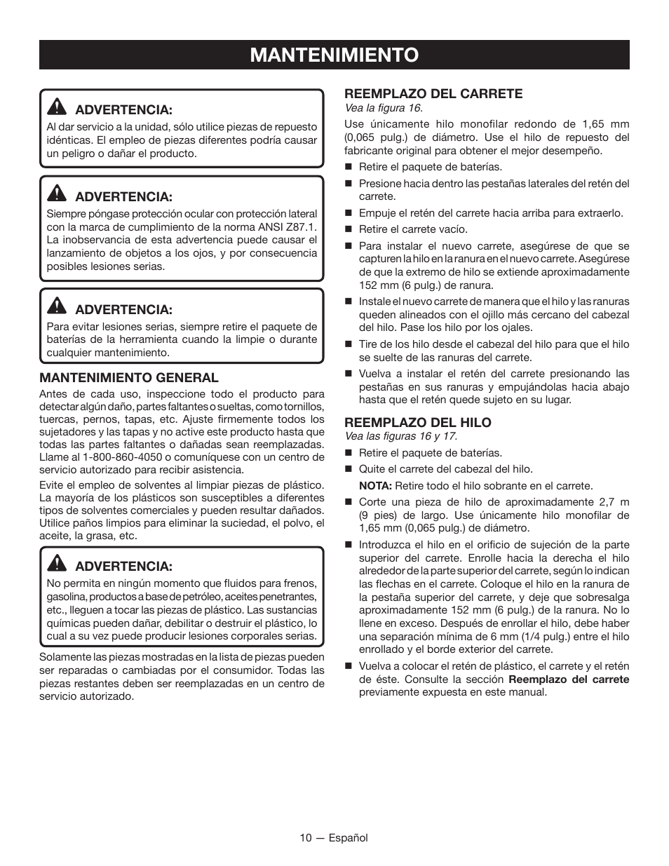 Mantenimiento | Ryobi RY40020 User Manual | Page 34 / 38