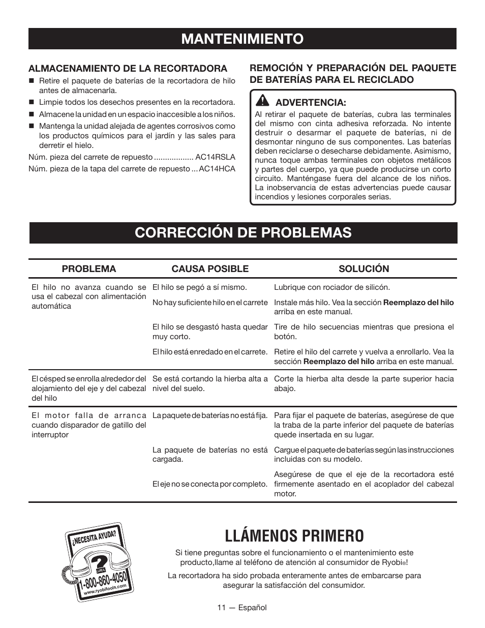Llámenos primero, Mantenimiento, Corrección de problemas | Ryobi RY40020 User Manual | Page 35 / 38