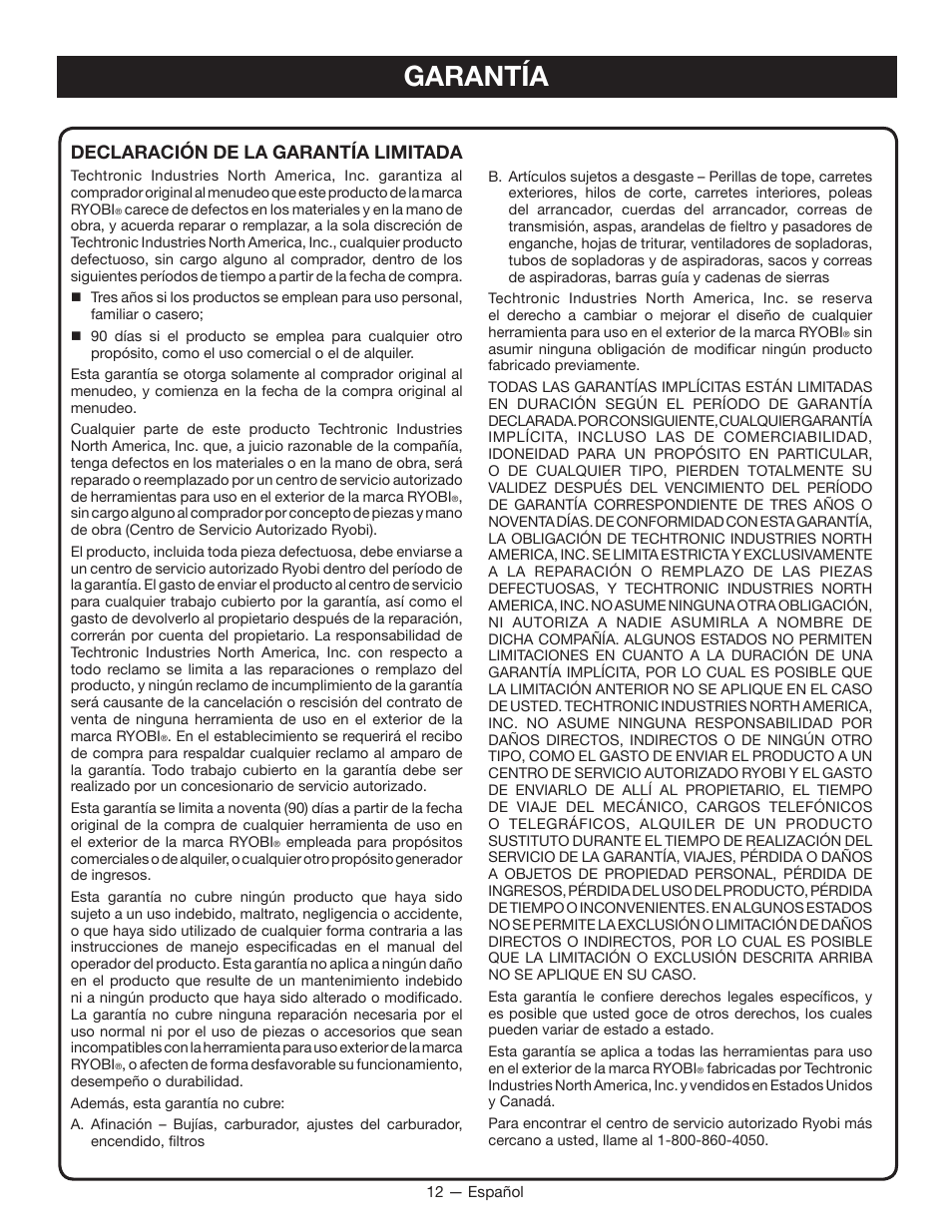 Garantía, Declaración de la garantía limitada | Ryobi RY40020 User Manual | Page 36 / 38