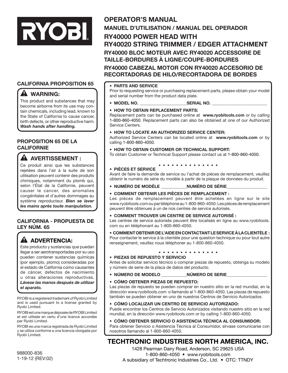 Techtronic industries north america, inc, Operator’s manual | Ryobi RY40020 User Manual | Page 38 / 38