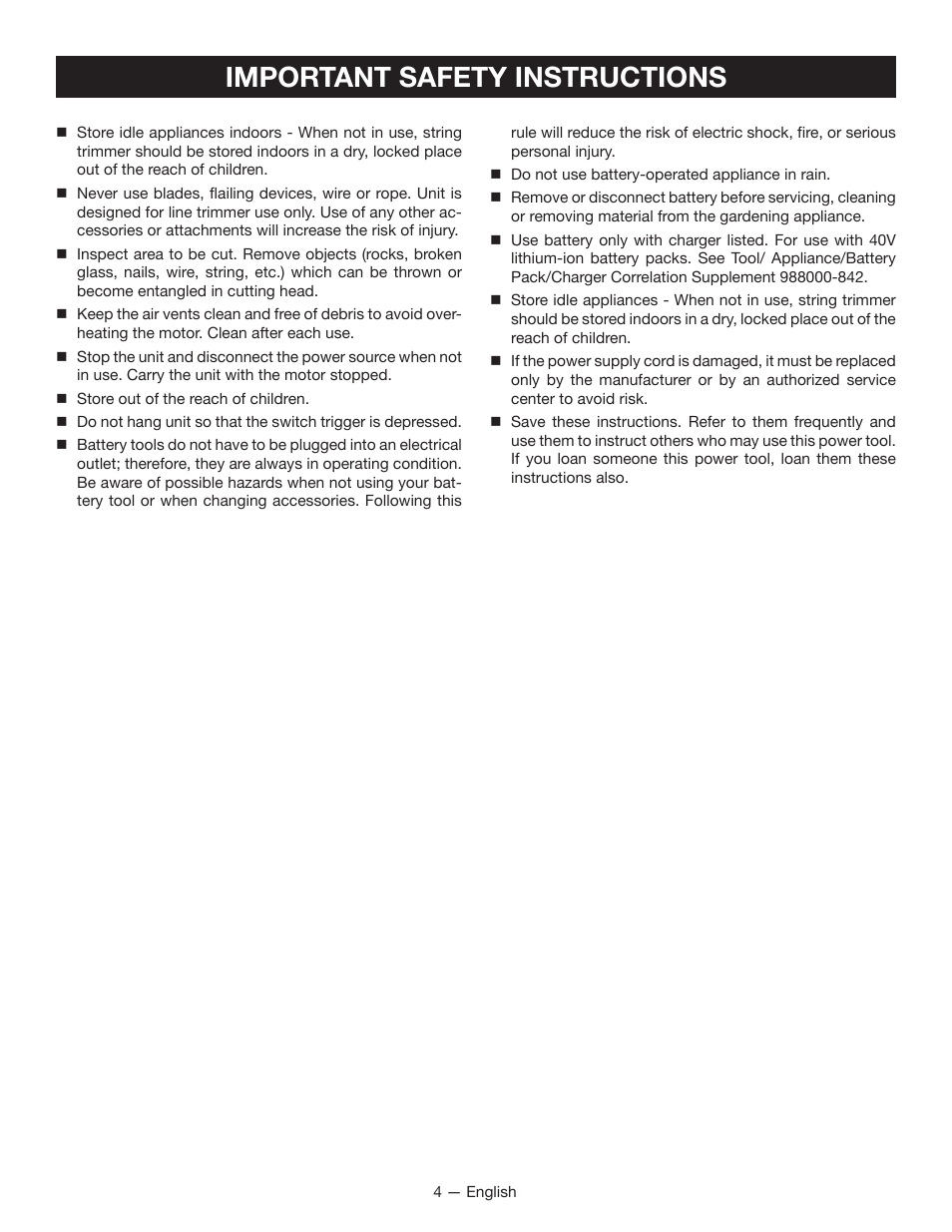 Important safety instructions | Ryobi RY40020 User Manual | Page 6 / 38
