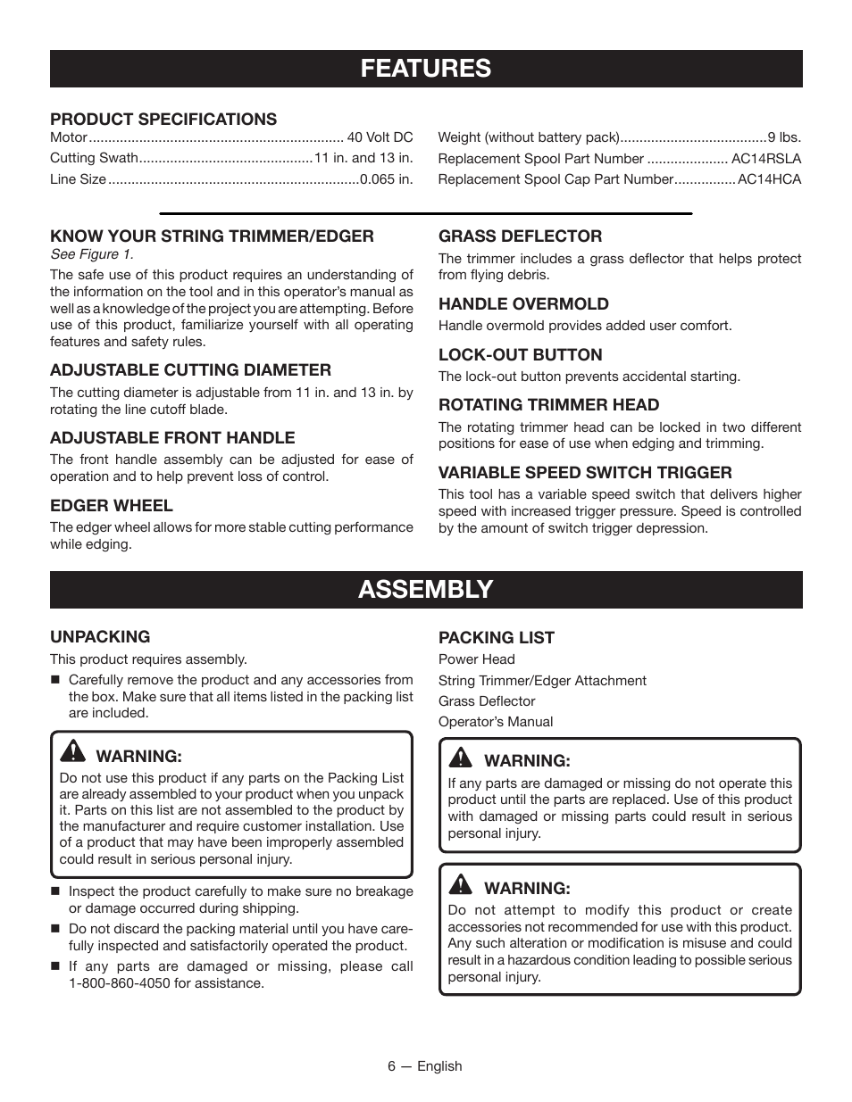 Features, Assembly | Ryobi RY40020 User Manual | Page 8 / 38