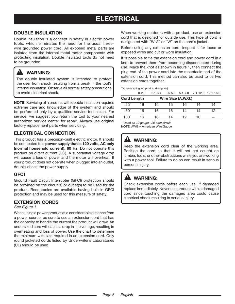 Electrical | Ryobi RY41141 User Manual | Page 10 / 36