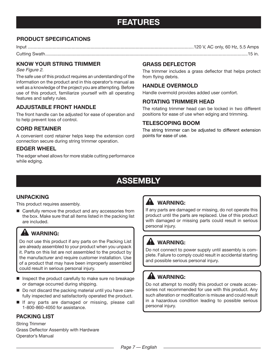 Features, Assembly | Ryobi RY41141 User Manual | Page 11 / 36