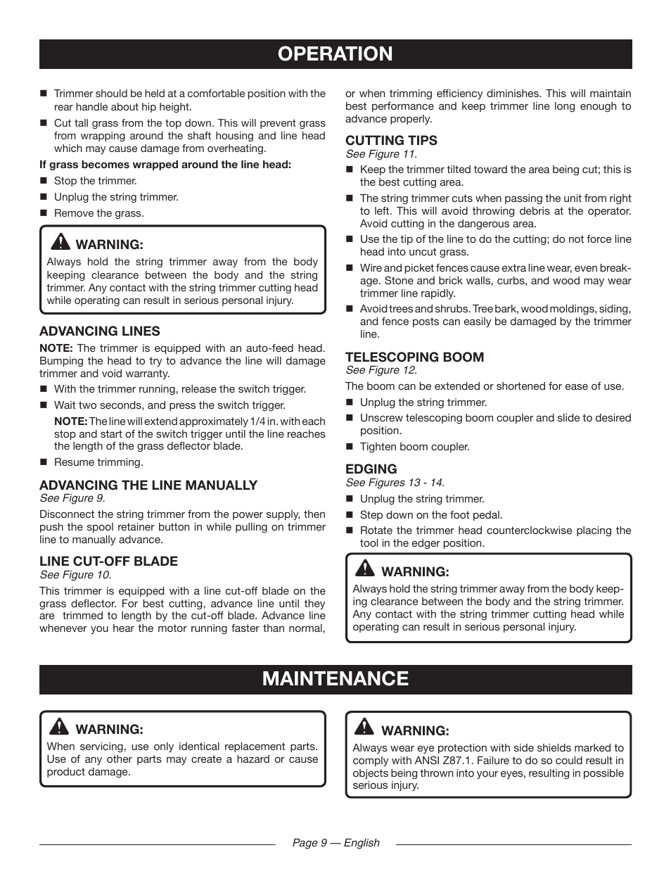 Operation, Maintenance | Ryobi RY41141 User Manual | Page 13 / 36