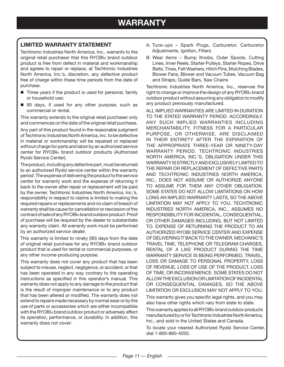 Warranty, Limited warranty statement | Ryobi RY41141 User Manual | Page 15 / 36