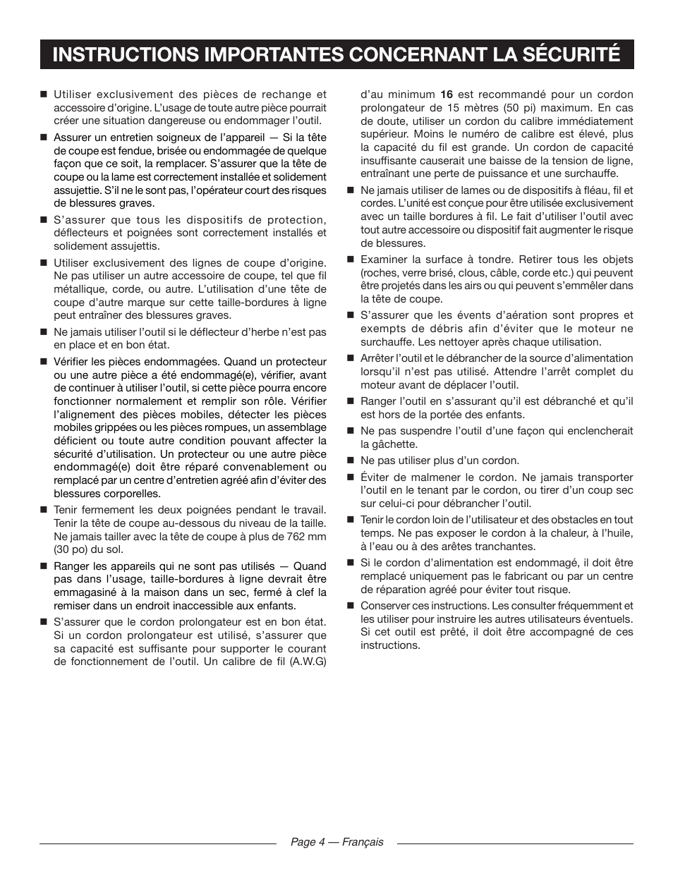 Instructions importantes concernant la sécurité | Ryobi RY41141 User Manual | Page 17 / 36