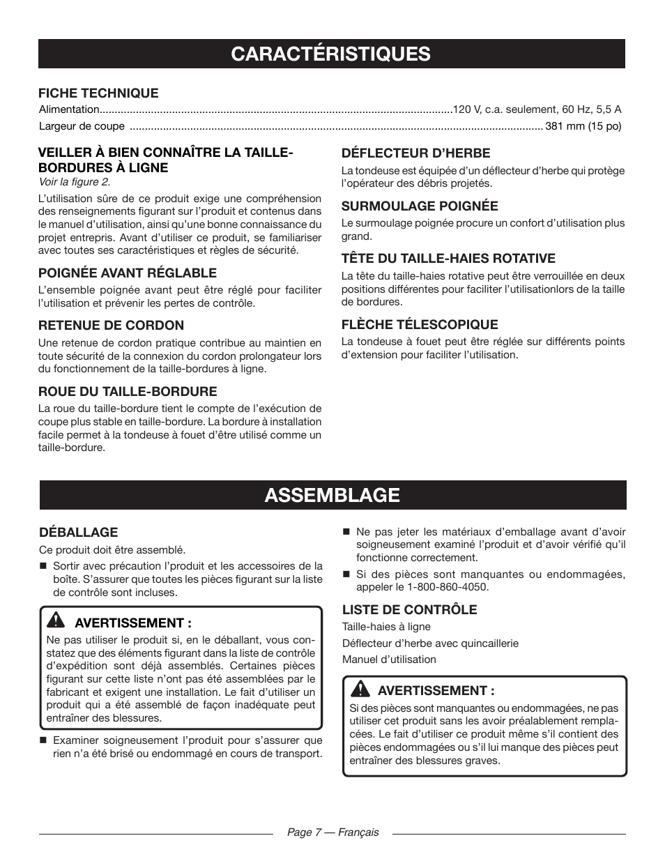 Caractéristiques, Assemblage | Ryobi RY41141 User Manual | Page 20 / 36