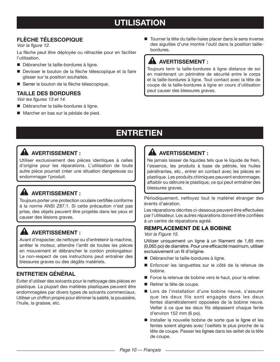Utilisation, Entretien | Ryobi RY41141 User Manual | Page 23 / 36