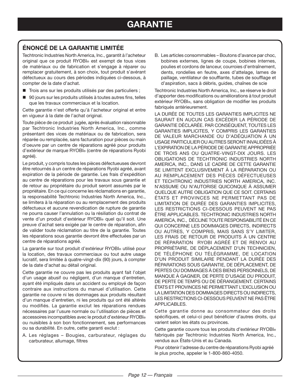 Garantie, Énoncé de la garantie limitée | Ryobi RY41141 User Manual | Page 25 / 36