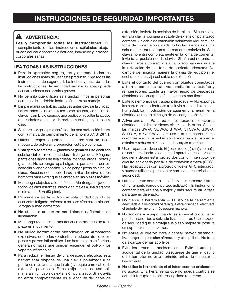 Instrucciones de seguridad importantes | Ryobi RY41141 User Manual | Page 26 / 36