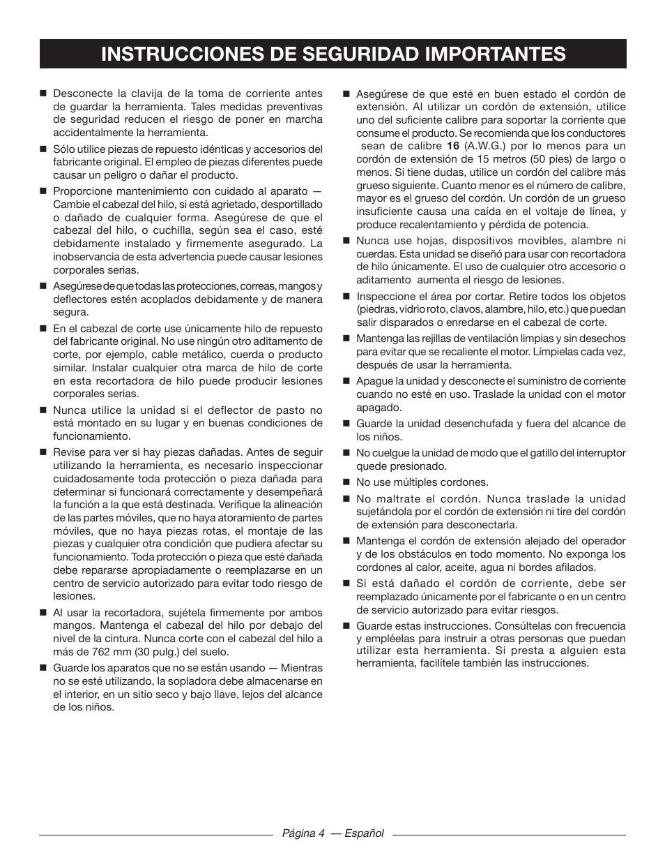 Instrucciones de seguridad importantes | Ryobi RY41141 User Manual | Page 27 / 36