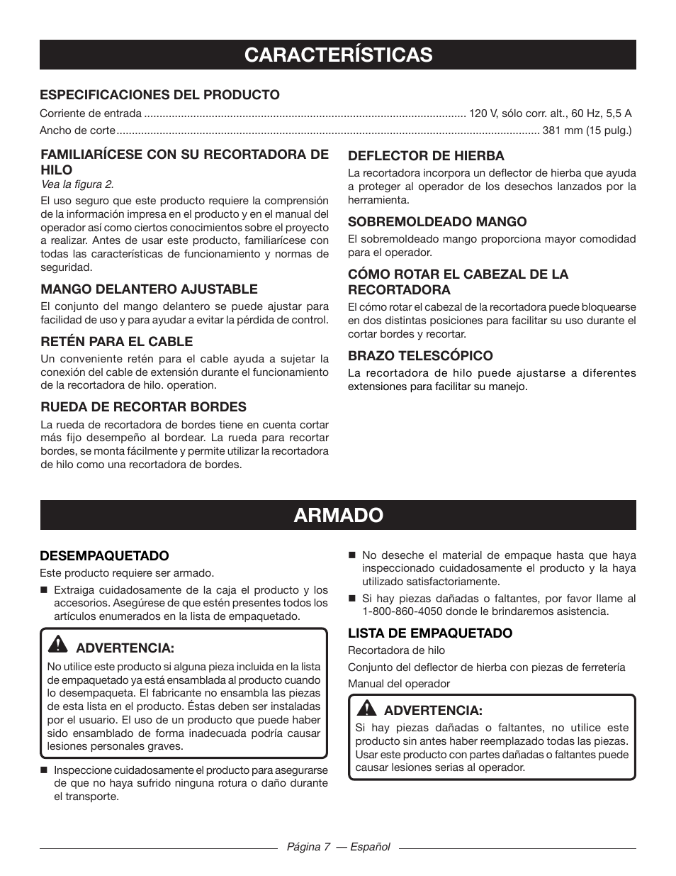 Características, Armado | Ryobi RY41141 User Manual | Page 30 / 36