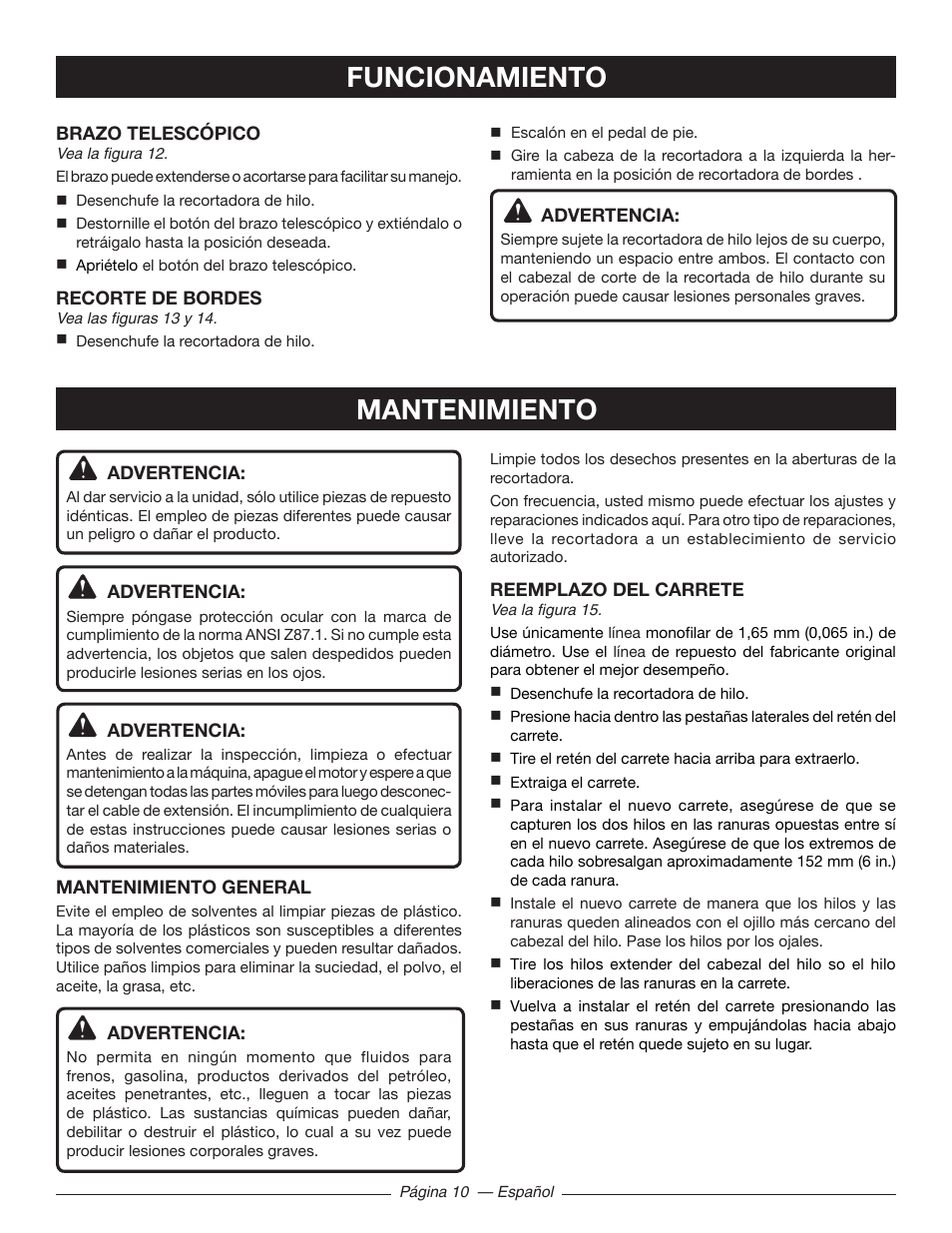 Funcionamiento mantenimiento | Ryobi RY41141 User Manual | Page 33 / 36