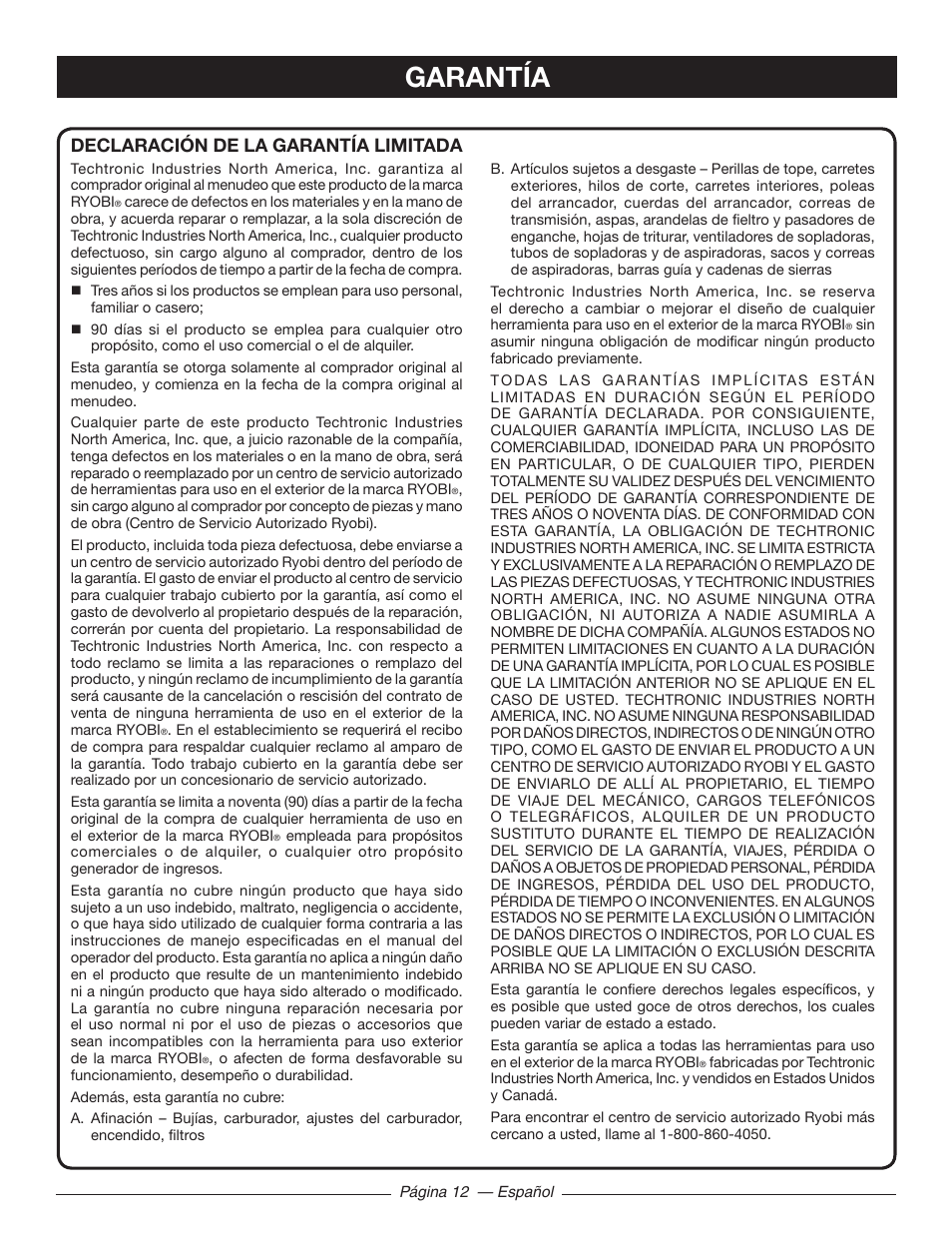 Garantía, Declaración de la garantía limitada | Ryobi RY41141 User Manual | Page 35 / 36