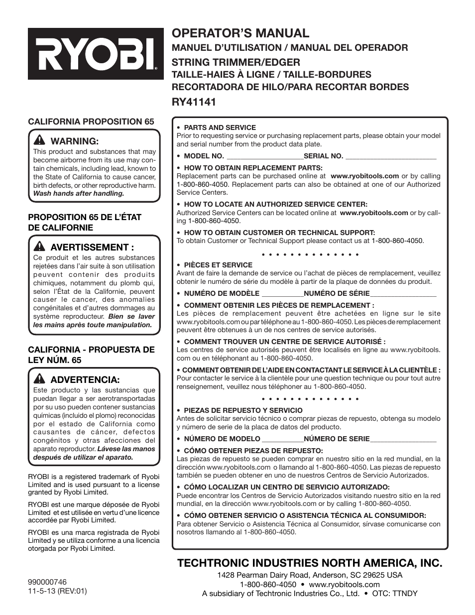 Operator’s manual, Techtronic industries north america, inc, String trimmer/edger | Ryobi RY41141 User Manual | Page 36 / 36