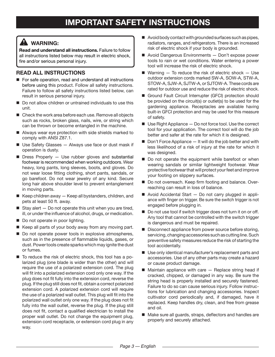 Important safety instructions | Ryobi RY41141 User Manual | Page 7 / 36
