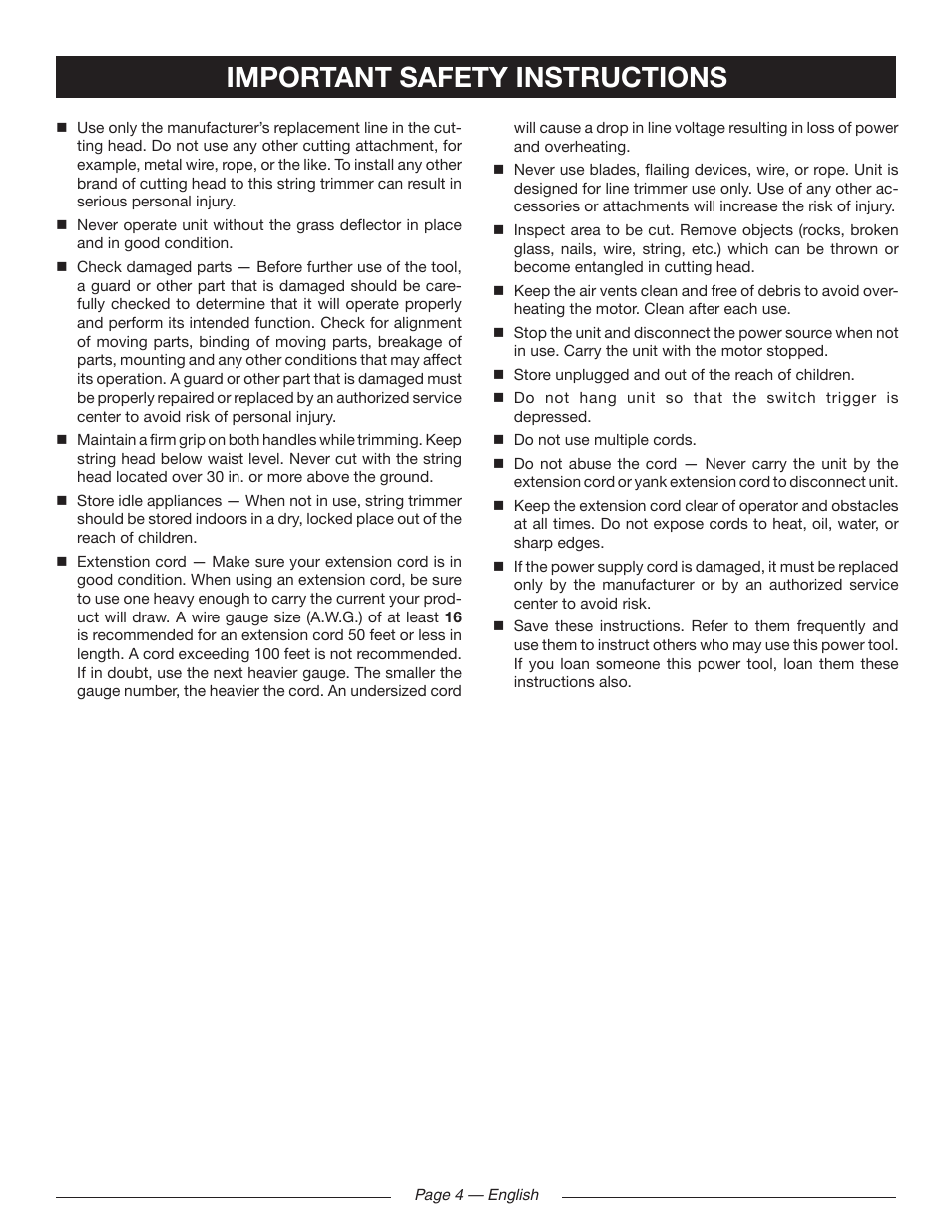 Important safety instructions | Ryobi RY41141 User Manual | Page 8 / 36