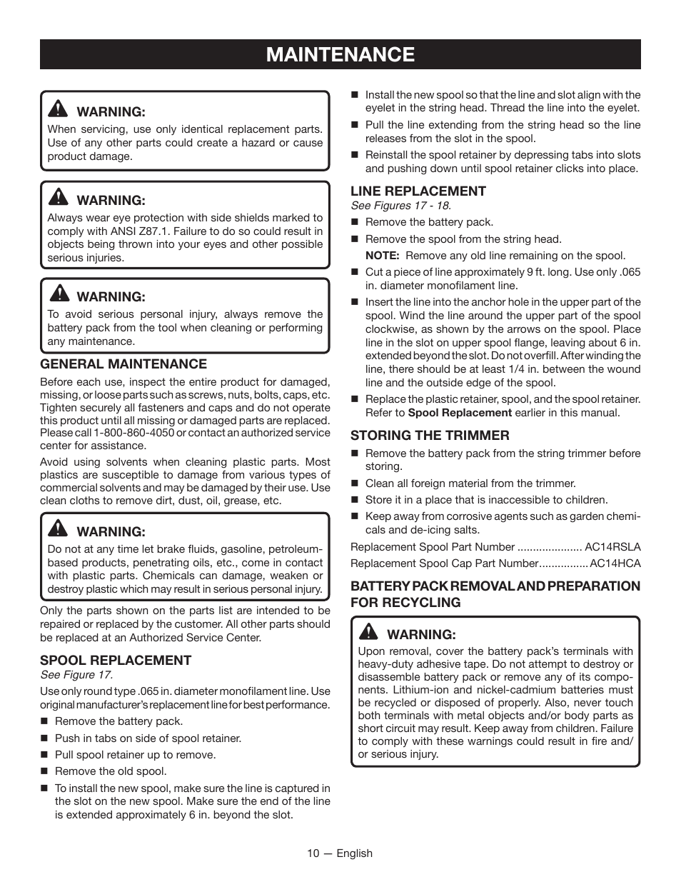 Maintenance | Ryobi P2006 User Manual | Page 12 / 38