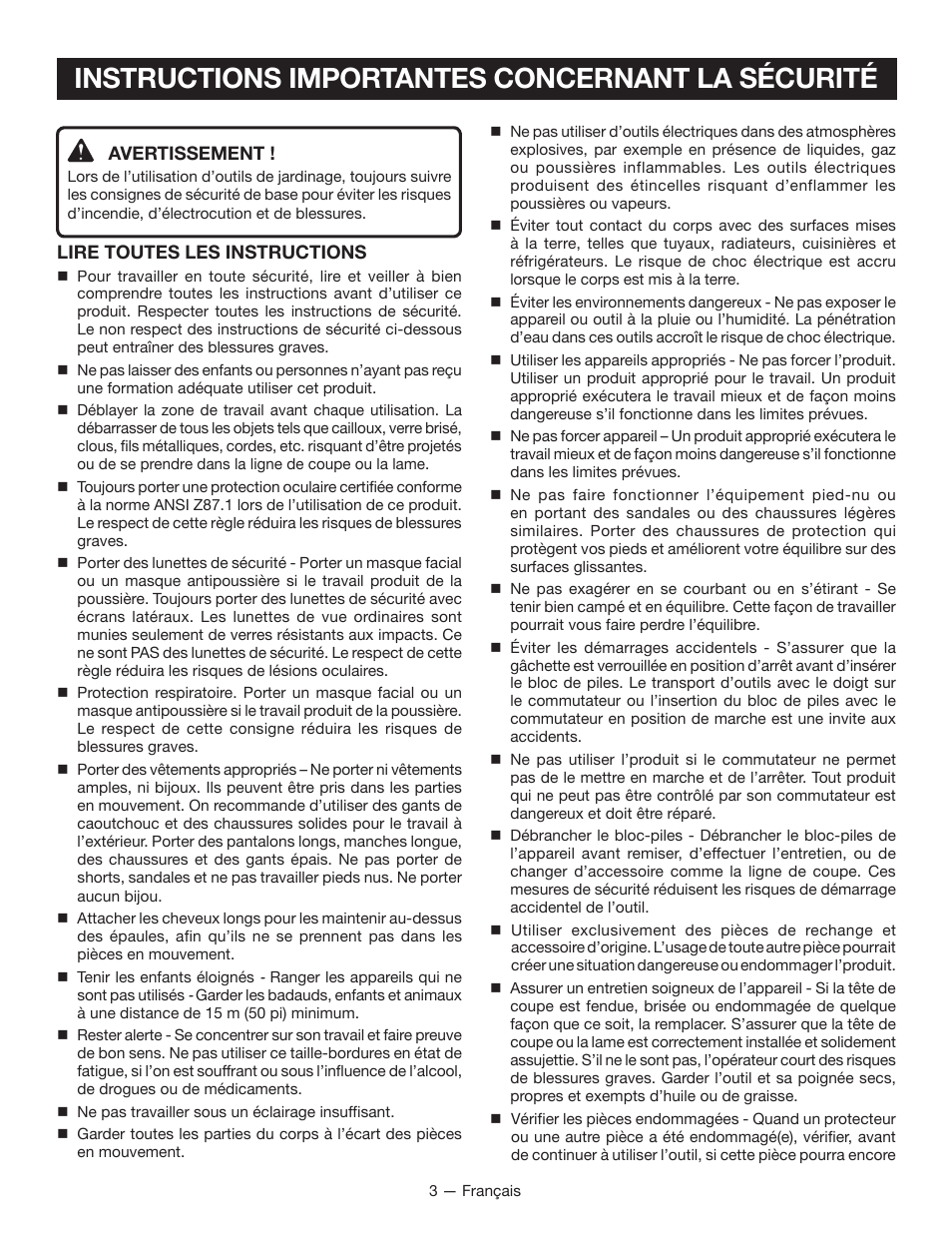 Instructions importantes concernant la sécurité | Ryobi P2006 User Manual | Page 16 / 38