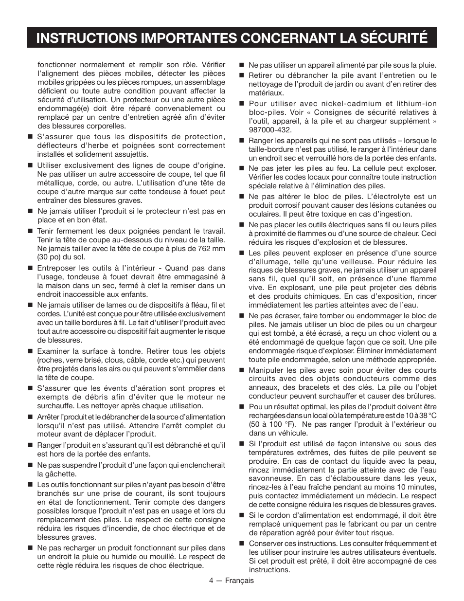 Instructions importantes concernant la sécurité | Ryobi P2006 User Manual | Page 17 / 38