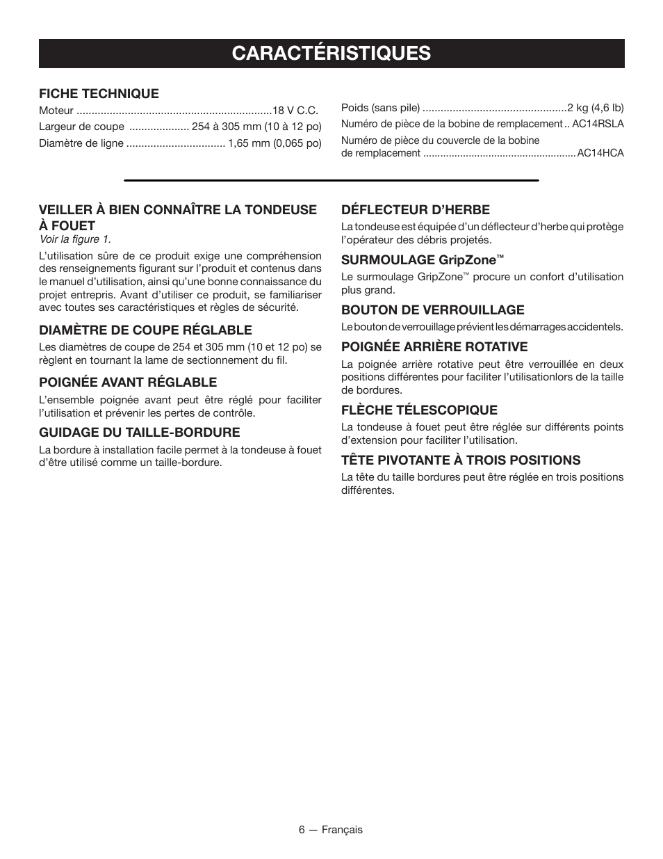 Caractéristiques | Ryobi P2006 User Manual | Page 19 / 38