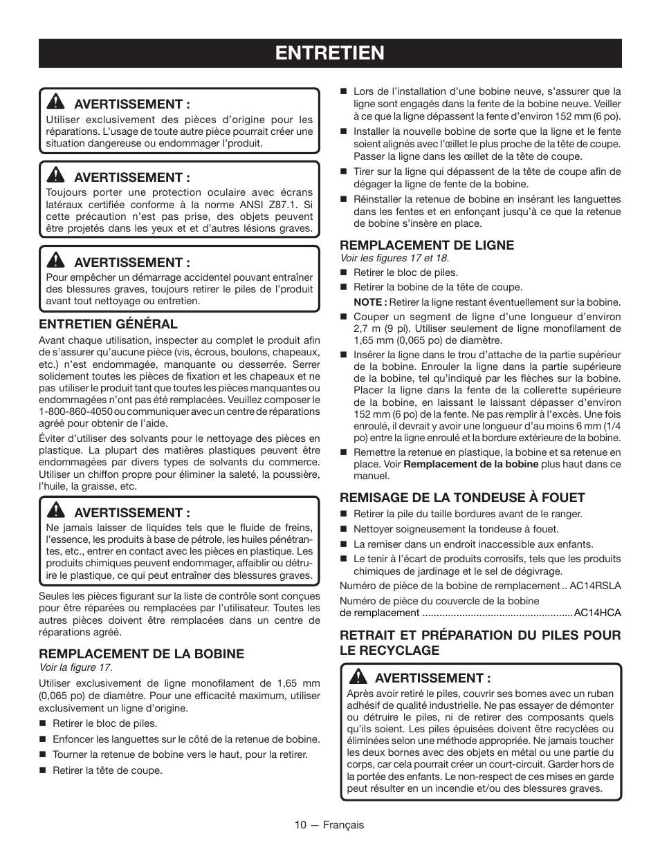 Entretien, Avertissement, Entretien général | Remplacement de la bobine, Remplacement de ligne, Remisage de la tondeuse à fouet | Ryobi P2006 User Manual | Page 23 / 38