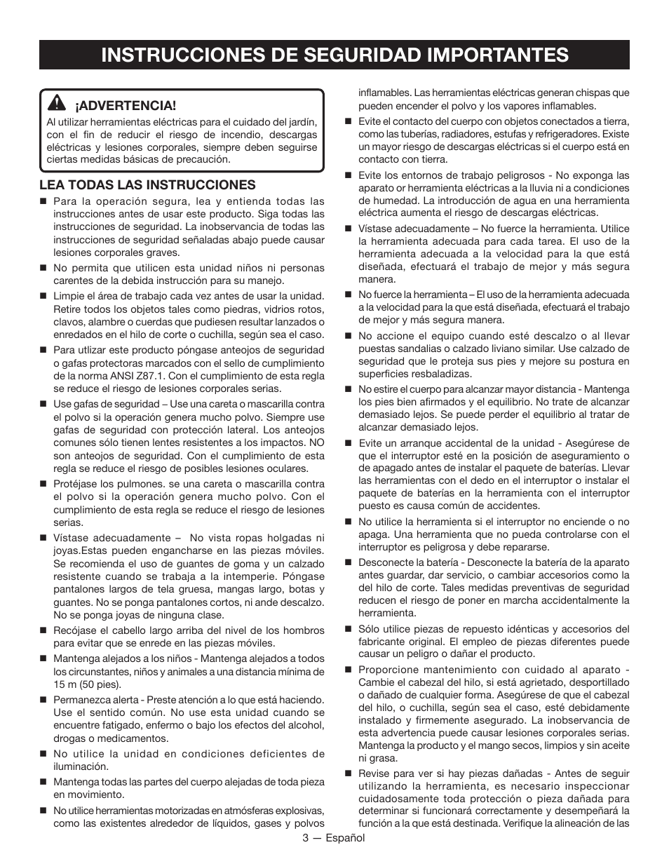 Instrucciones de seguridad importantes, Advertencia, Lea todas las instrucciones | Ryobi P2006 User Manual | Page 27 / 38