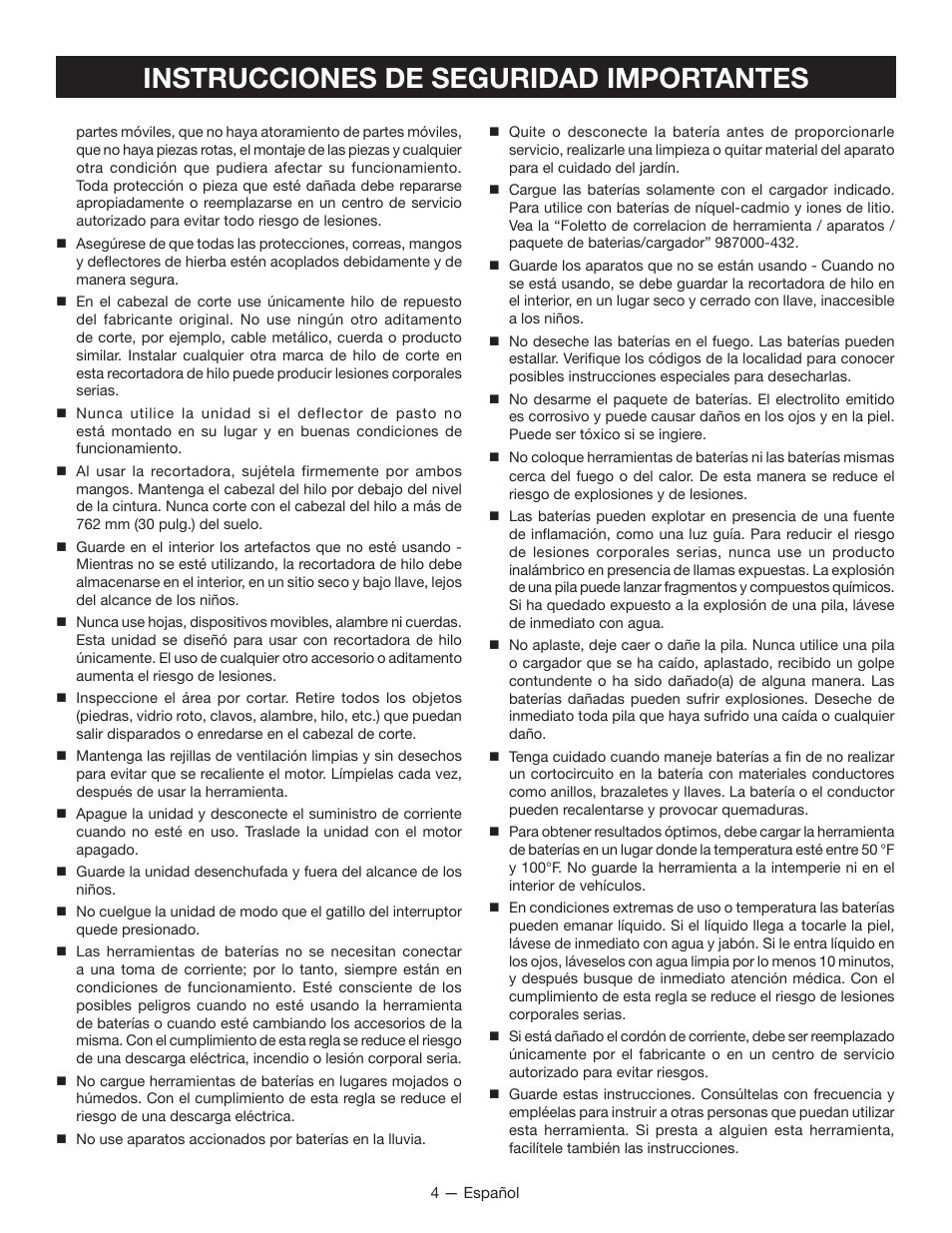 Instrucciones de seguridad importantes | Ryobi P2006 User Manual | Page 28 / 38
