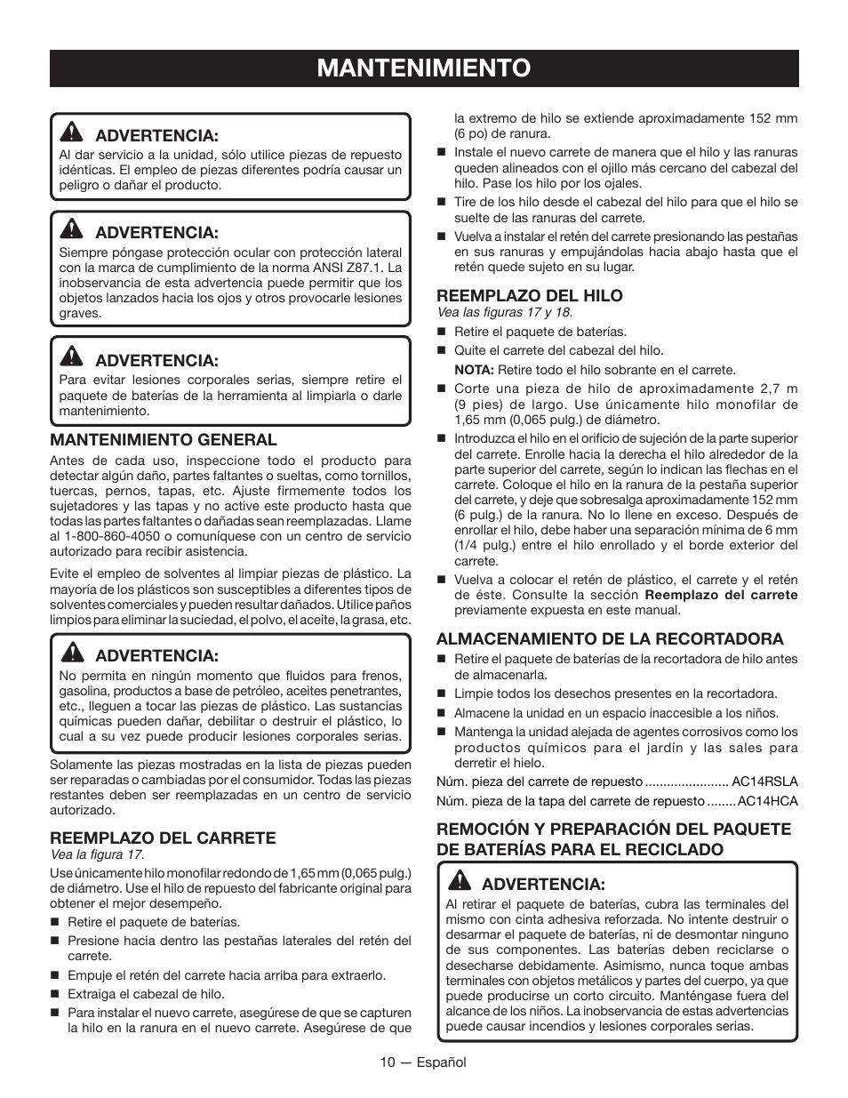 Mantenimiento, Advertencia, Mantenimiento general | Reemplazo del carrete, Reemplazo del hilo, Almacenamiento de la recortadora | Ryobi P2006 User Manual | Page 34 / 38