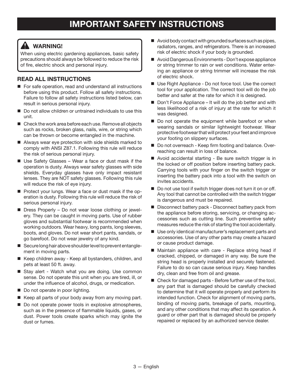 Important safety instructions | Ryobi P2006 User Manual | Page 5 / 38