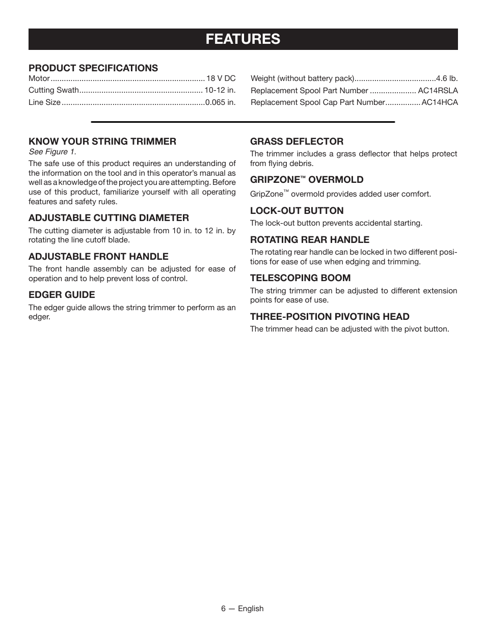 Features | Ryobi P2006 User Manual | Page 8 / 38