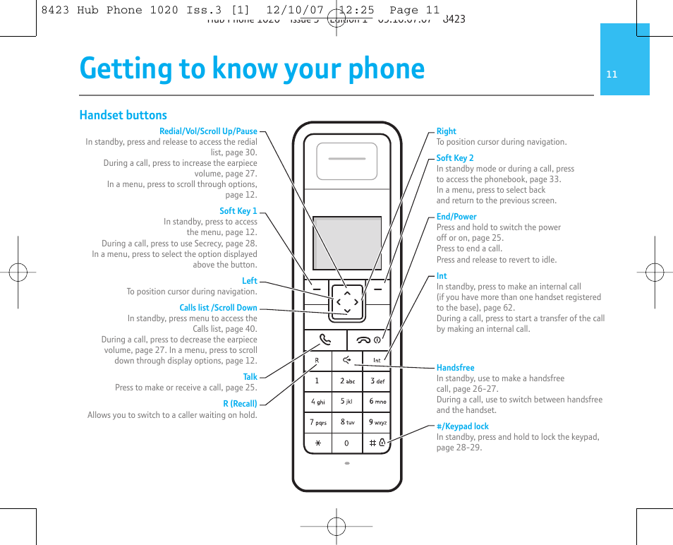 Getting to know your phone, Handset buttons | BT 1020 User Manual | Page 11 / 76