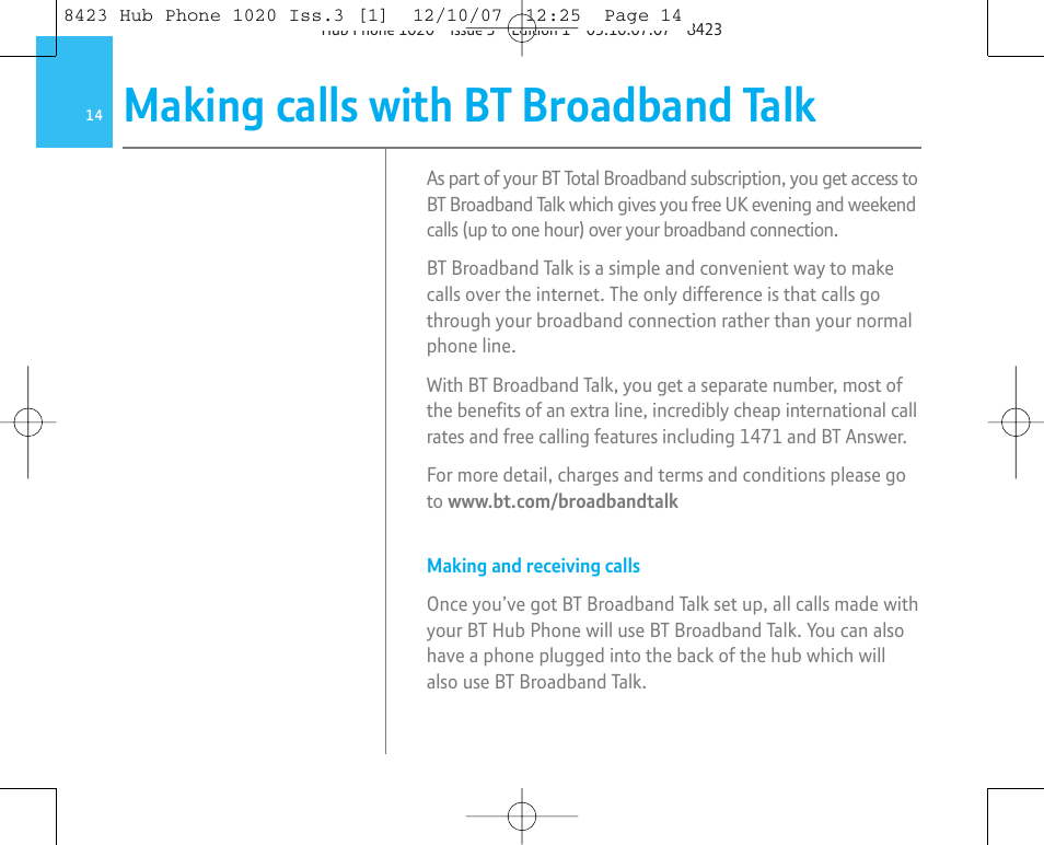 Making calls with bt broadband talk | BT 1020 User Manual | Page 14 / 76