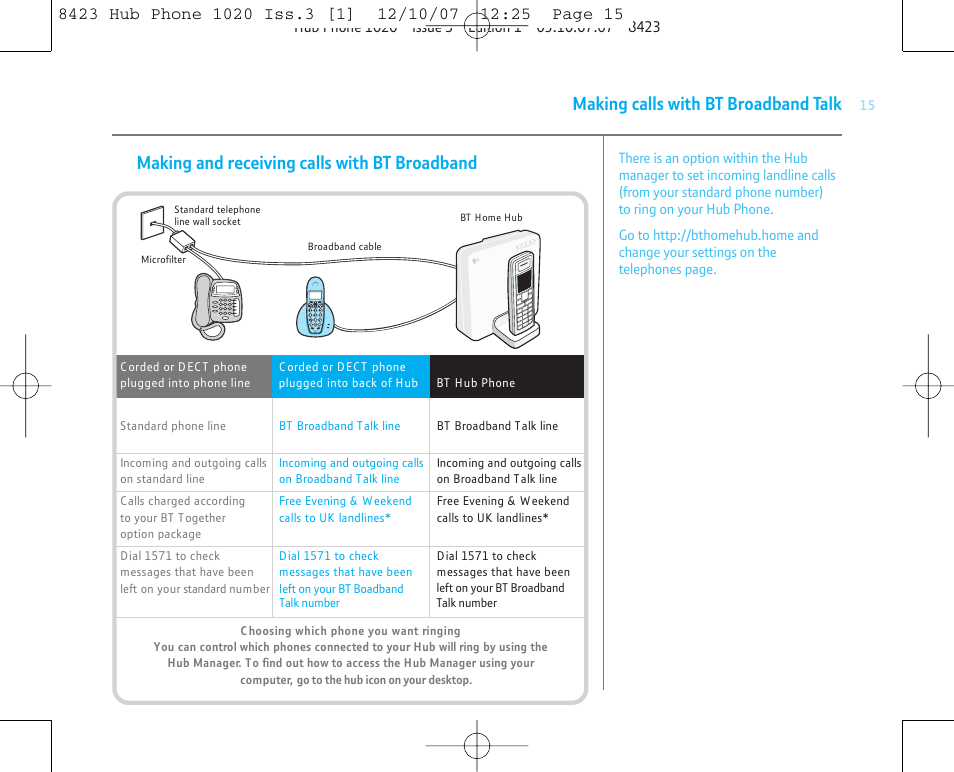 Making calls with bt broadband talk, Making and receiving calls with bt broadband | BT 1020 User Manual | Page 15 / 76