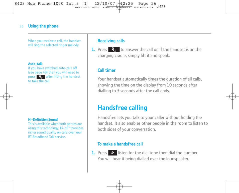 Handsfree calling | BT 1020 User Manual | Page 26 / 76