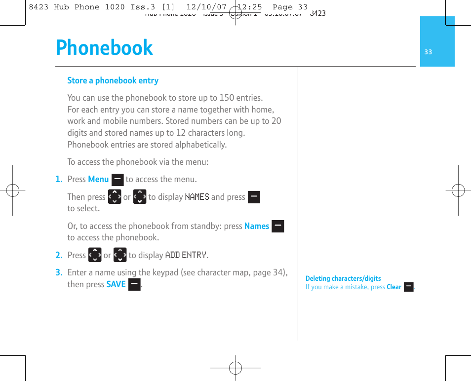 Phonebook | BT 1020 User Manual | Page 33 / 76
